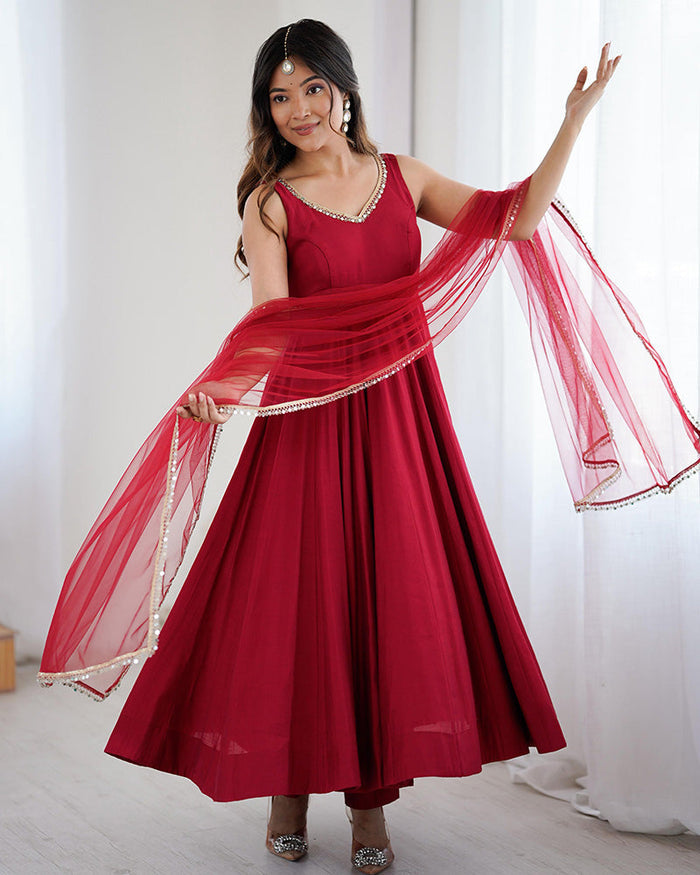 Maroon Color Chanderi Pure Roman Silk Anarkali Suit
