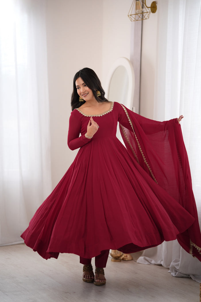 Maroon Color Pure Mal CHanderi Three Piece Anarkali Suit