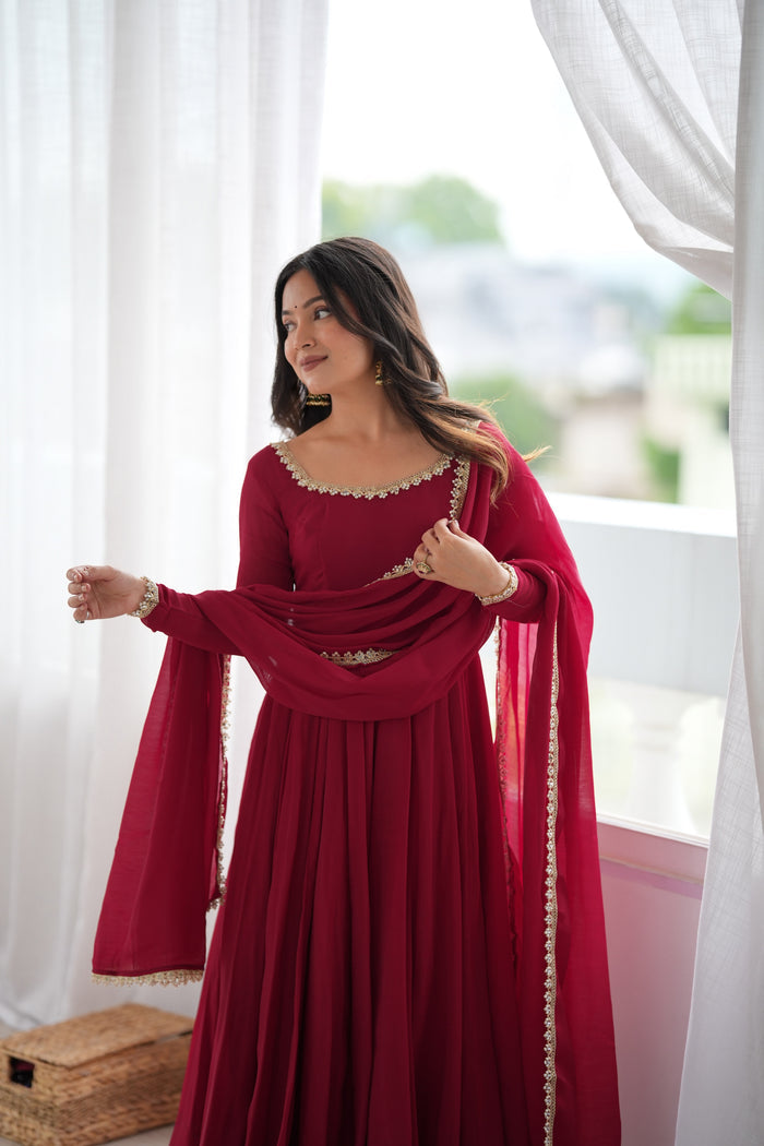 Maroon Color Pure Mal CHanderi Three Piece Anarkali Suit