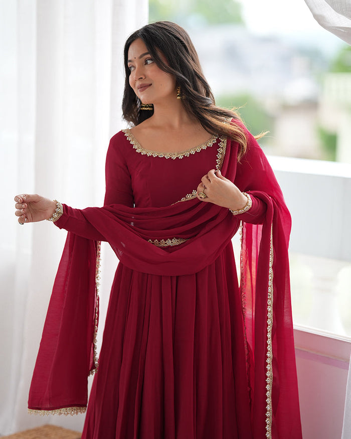 Maroon Color Pure Mal CHanderi Three Piece Anarkali Suit