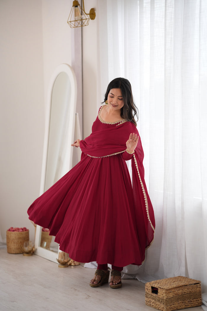 Maroon Color Pure Mal CHanderi Three Piece Anarkali Suit
