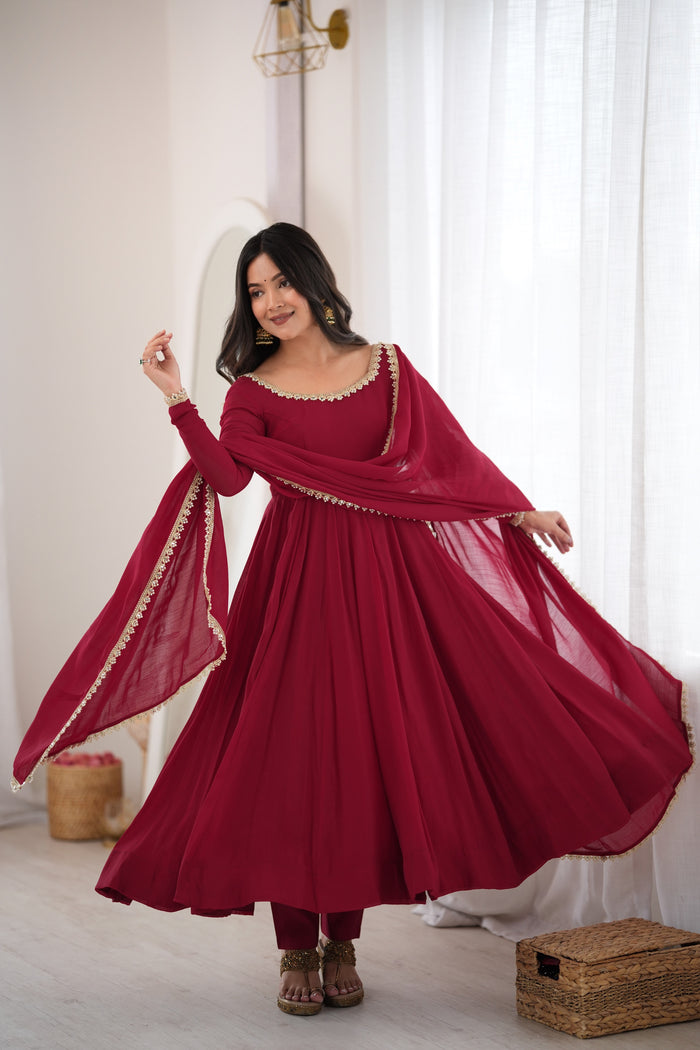 Maroon Color Pure Mal CHanderi Three Piece Anarkali Suit