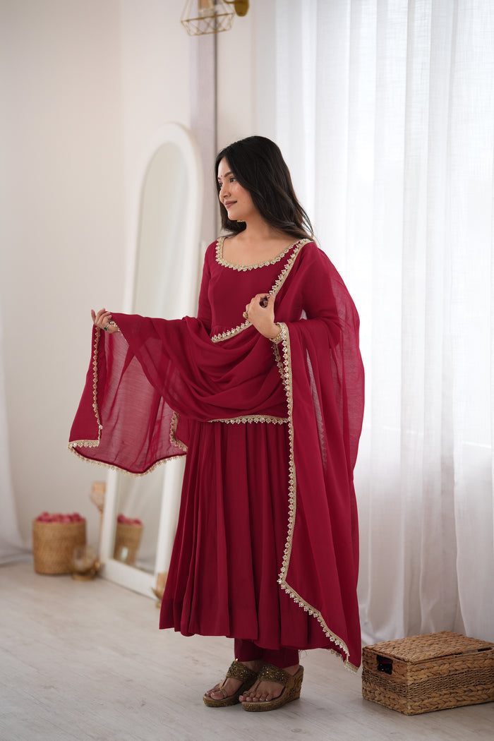 Maroon Color Pure Mal CHanderi Three Piece Anarkali Suit