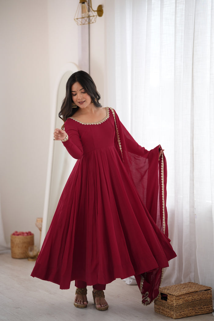 Maroon Color Pure Mal CHanderi Three Piece Anarkali Suit