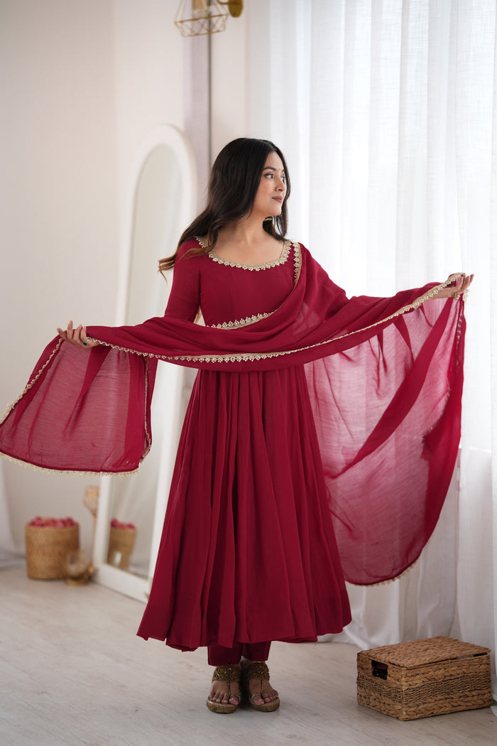 Maroon Color Pure Mal CHanderi Three Piece Anarkali Suit