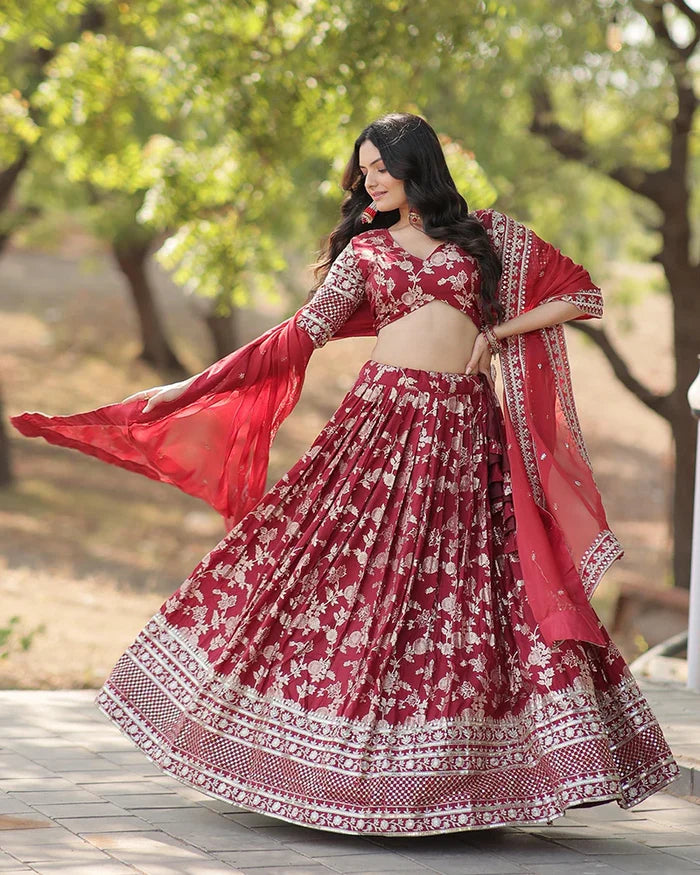 MAROON COLOR PURE VISCOSE JACQUARD LEHENGA CHOLI