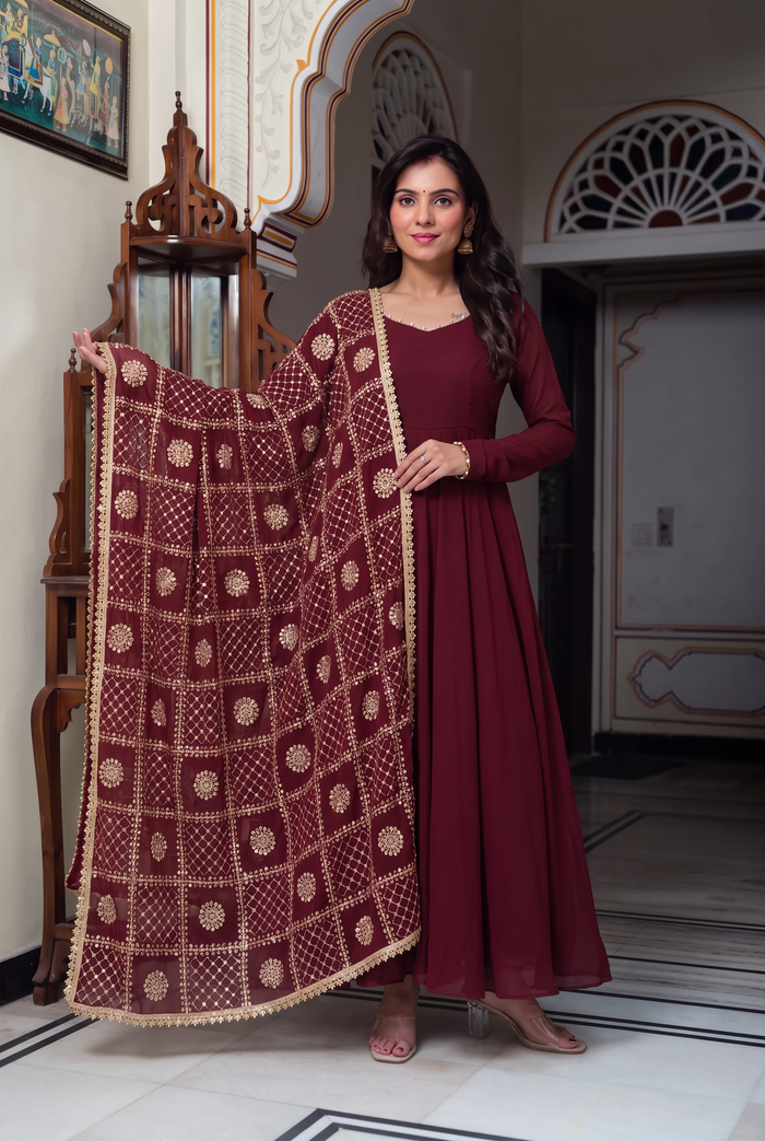 Maroon Color Roman Silk CHanderi Three Piece Anarkali Suit