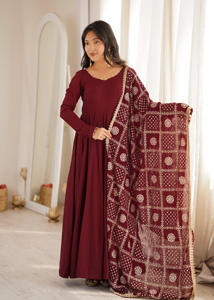 Maroon Color Roman Silk CHanderi Three Piece Anarkali Suit