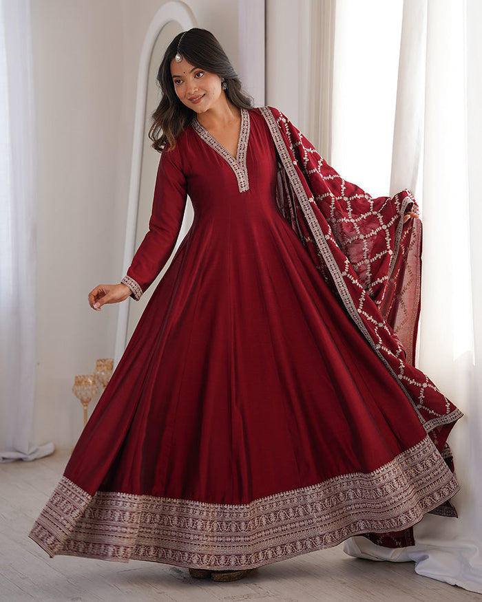 MAROON COLOR VICHITRA SILK EMBROIDERED GOWN
