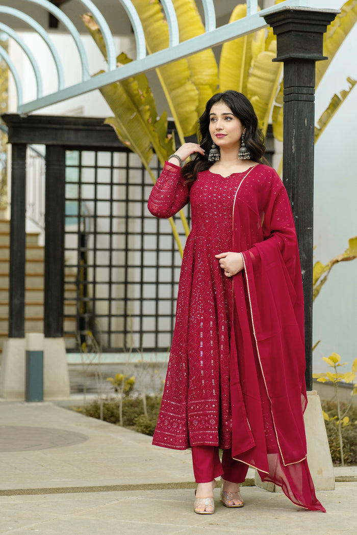 Maroon Embroidered Georgette Anarkali Suit Set