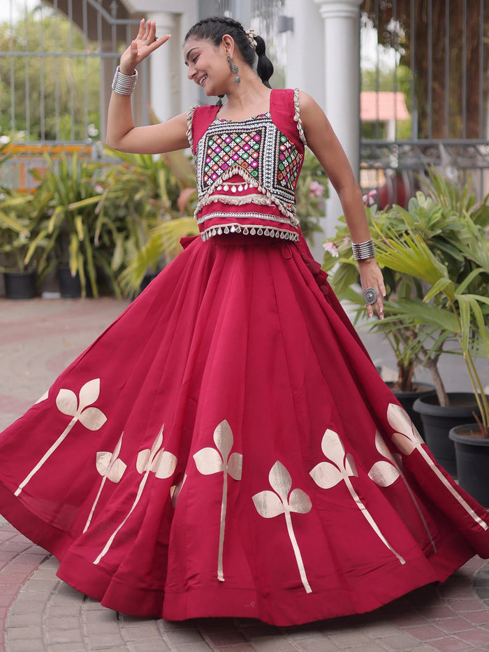 Maroon Gamthi Work Silk Navratri Special Lehenga With Blouse