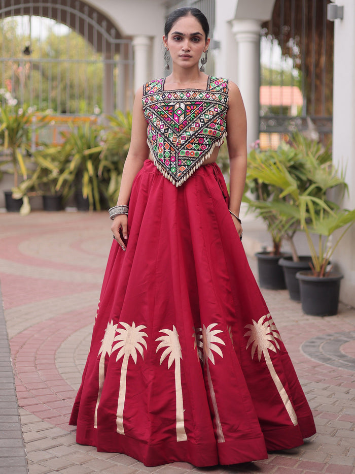 Maroon Silk Navratri Wear Lehenga With Gamthi Work Choli