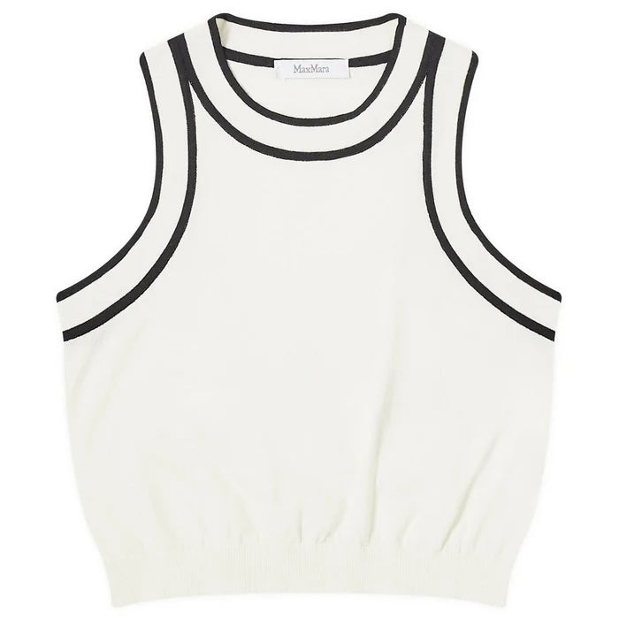 Max Mara Ruggero White sleeveless top with black trim on a white background