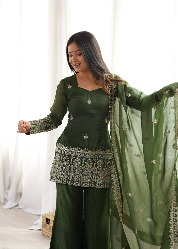 Mehandi Color Crunchy Silk Embroidered Sharara Suit