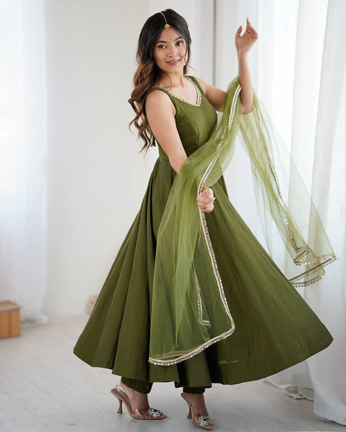 Mehndi Color Chanderi Pure Roman Silk Anarkali Suit