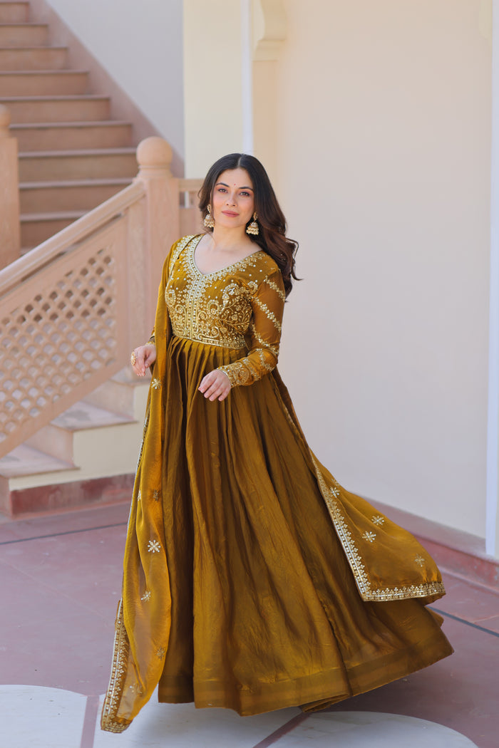 Mehndi Color Fendi Embroidered Gown