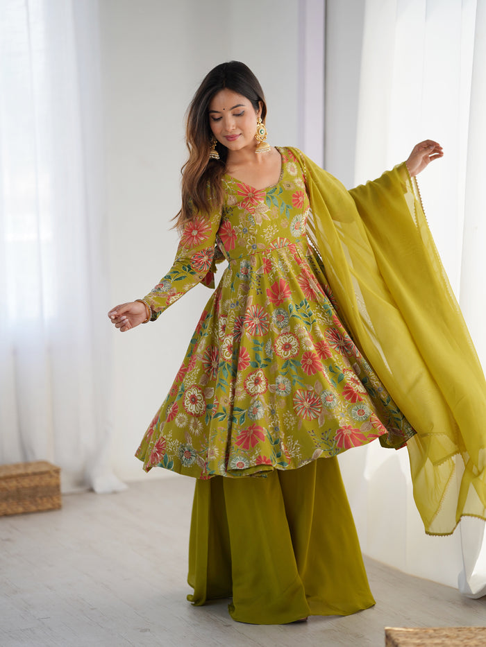 Mehndi Color Roman Silk Discharge Printed Plazzo Suit (Copy)