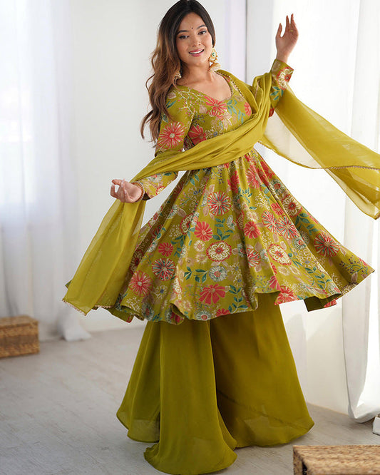 Mehndi Color Roman Silk Discharge Printed Plazzo Suit
