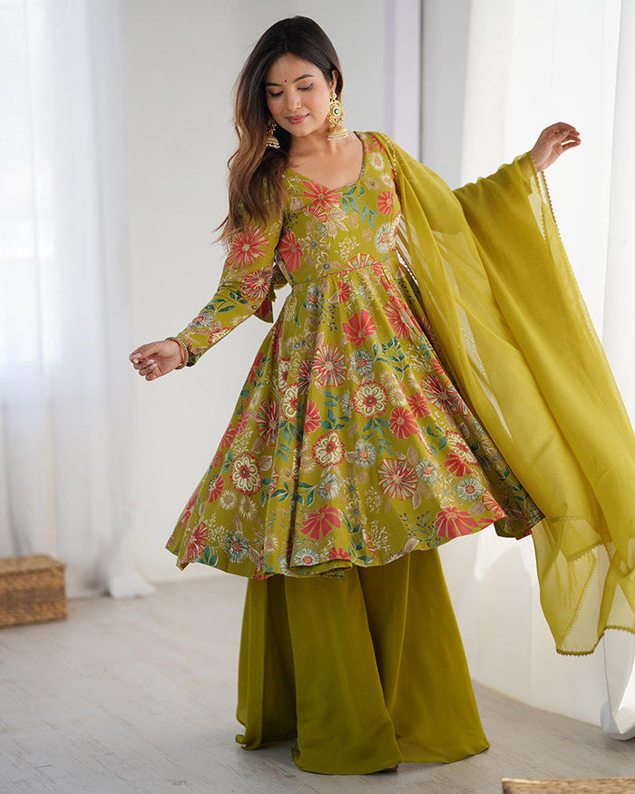 Mehndi Color Roman Silk Discharge Printed Plazzo Suit