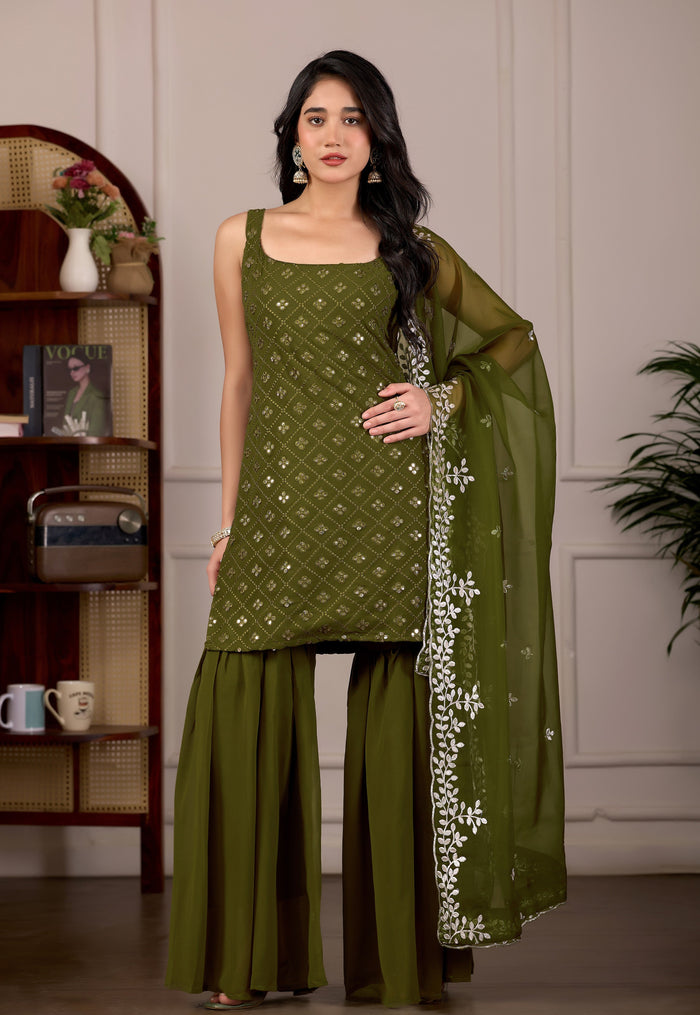 Mehndi Embroidered Kurta And Sharara Suit Set with Dupatta