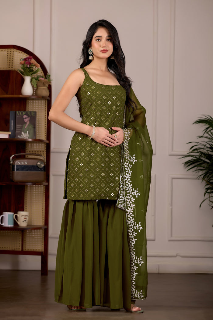 Mehndi Embroidered Kurta And Sharara Suit Set with Dupatta