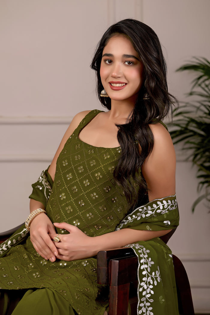 Mehndi Embroidered Kurta And Sharara Suit Set with Dupatta