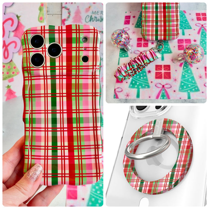 Merry Little Plaid iPhone Matching Set - red, green and pink Christmas plaid MagSafe case with matching Hold It Fancy grip ring and scrunchie phone wrist strap from Fancy Bands