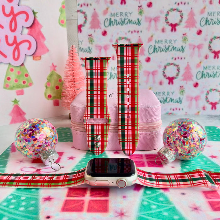 Merry Little Plaid Apple Watch band in pink, red and green Christmas plaid, shown as two straps and on an Apple Watch with glitter ornaments