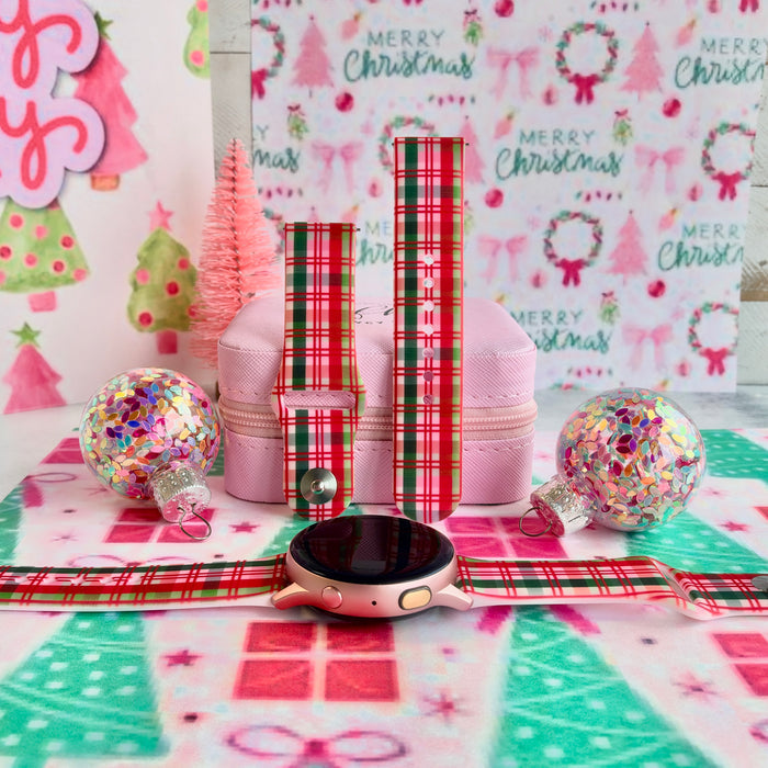 Merry Little Plaid Samsung Galaxy Watch band in pink, red and green Christmas plaid, shown as two straps and on a rose gold Galaxy Watch