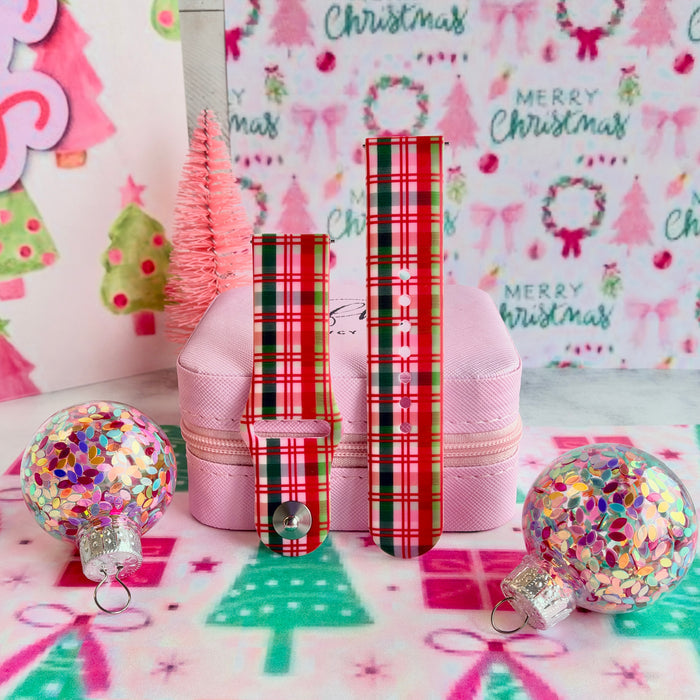 Merry Little Plaid Samsung watch band straps with glitter ornaments and a pink bottle-brush tree