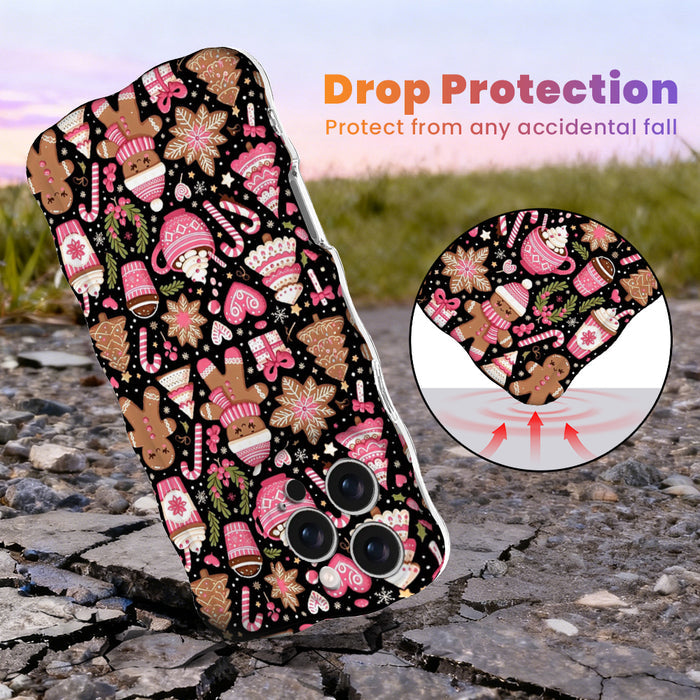 Merry Mugs & Ginger Hugs Wavy Luxe MagSafe iPhone case, black gingerbread print with pink cocoa mugs and candy canes, with shock-absorbing corners for drop protection