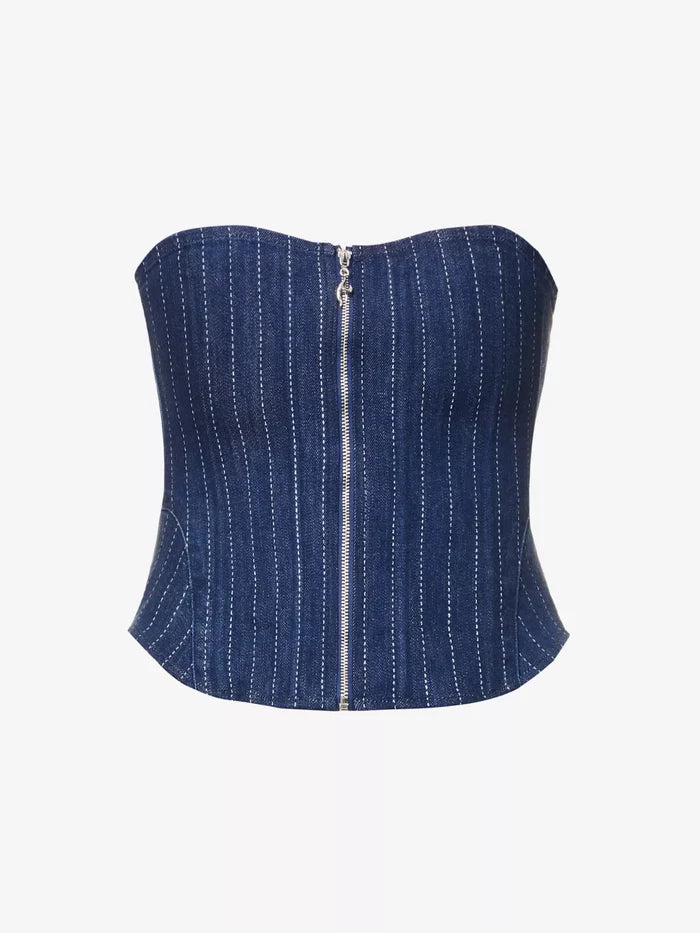 MIAOU Riley Denim Pinstripe Zip Front Strapless Grunge Corset Top - House Of Huntington