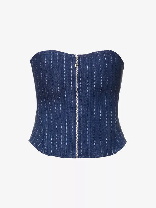 MIAOU Riley Denim Pinstripe Zip Front Strapless Grunge Corset Top - House Of Huntington