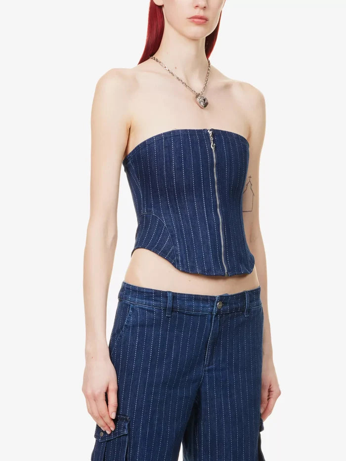 MIAOU Riley Denim Pinstripe Zip Front Strapless Grunge Corset Top - House Of Huntington