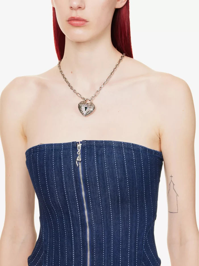 MIAOU Riley Denim Pinstripe Zip Front Strapless Grunge Corset Top - House Of Huntington