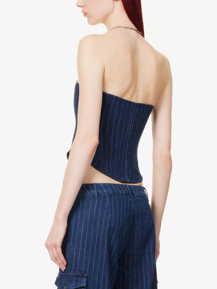 MIAOU Riley Denim Pinstripe Zip Front Strapless Grunge Corset Top - House Of Huntington