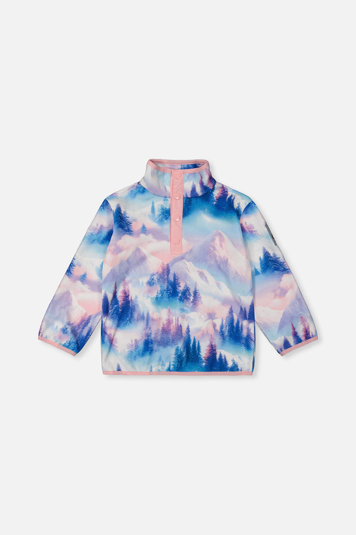 Deux par Deux girls' plush fleece snap-front pullover in blue and pink mountain print – front view