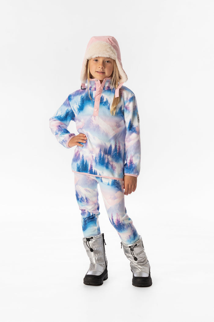 Deux par Deux girls' plush fleece snap-front pullover in blue and pink mountain print – worn by a child model, full length