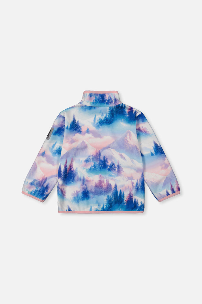 Deux par Deux girls' plush fleece snap-front pullover in blue and pink mountain print – back view