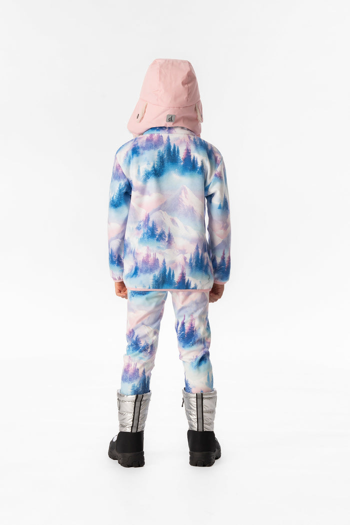 Deux par Deux girls' plush fleece snap-front pullover in blue and pink mountain print – on a child model, another view