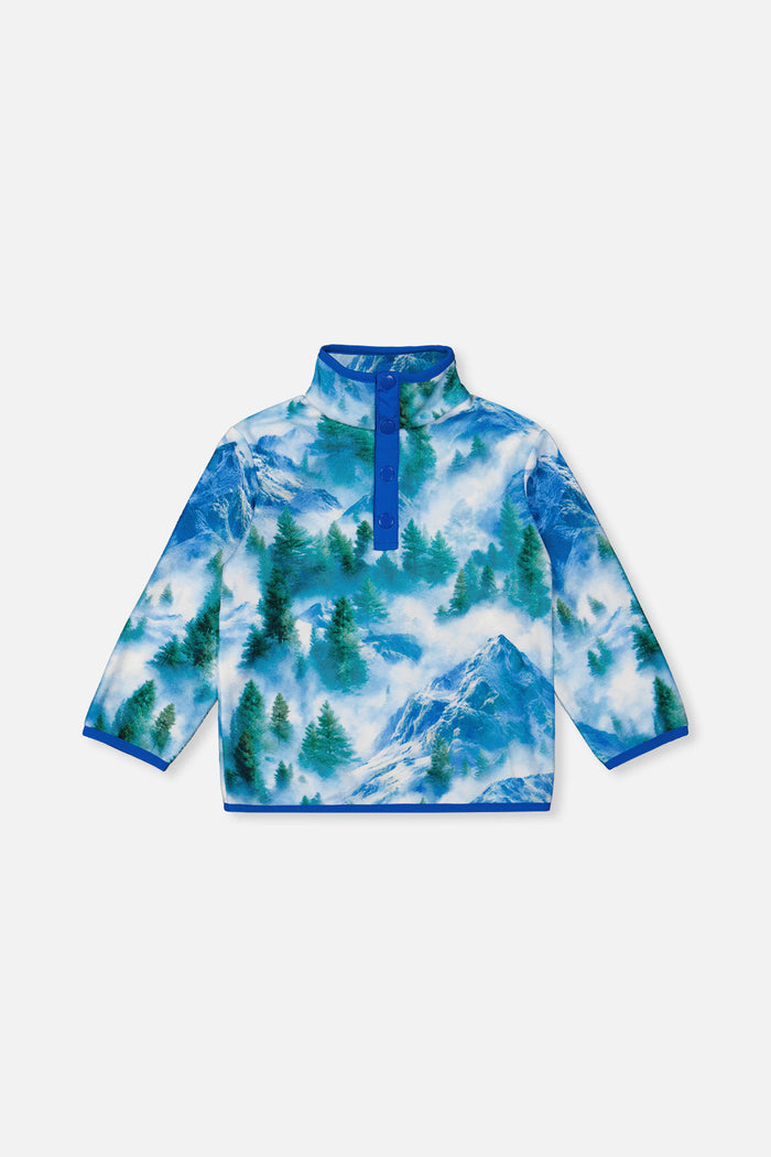 Deux par Deux boys' plush fleece snap-front pullover in blue mountain print – front view