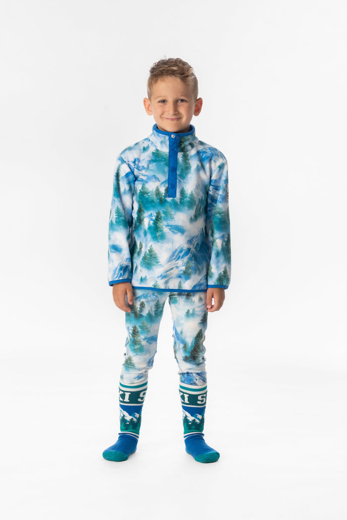 Deux par Deux boys' plush fleece snap-front pullover in blue mountain print – worn by a child model, full length