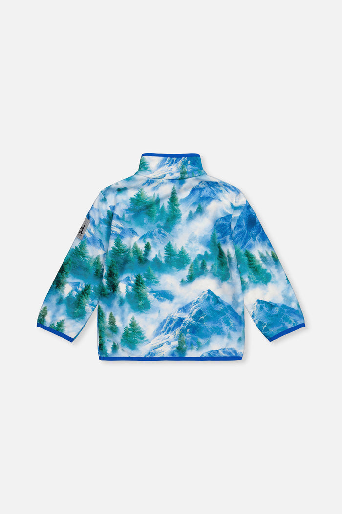 Deux par Deux boys' plush fleece snap-front pullover in blue mountain print – back view