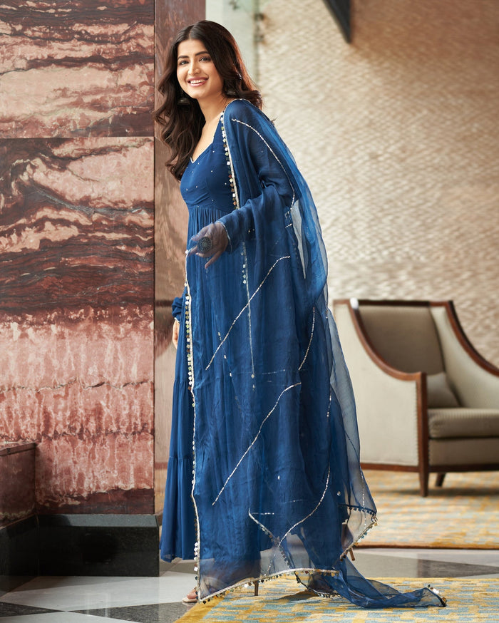 Mihika Blue Georgette Flared Anarkali Suit Set