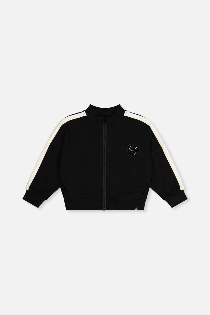 Deux par Deux girls' black milano knit zip jacket with white sleeve stripes, front view