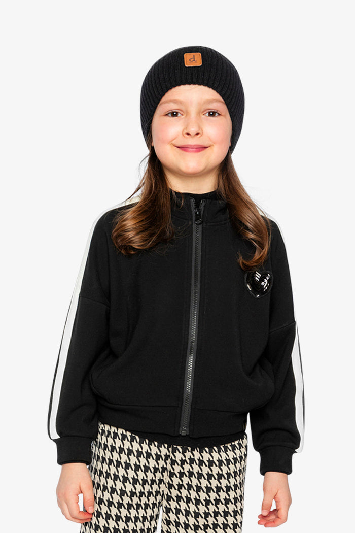 Child wearing the Deux par Deux black milano zip jacket, view 3