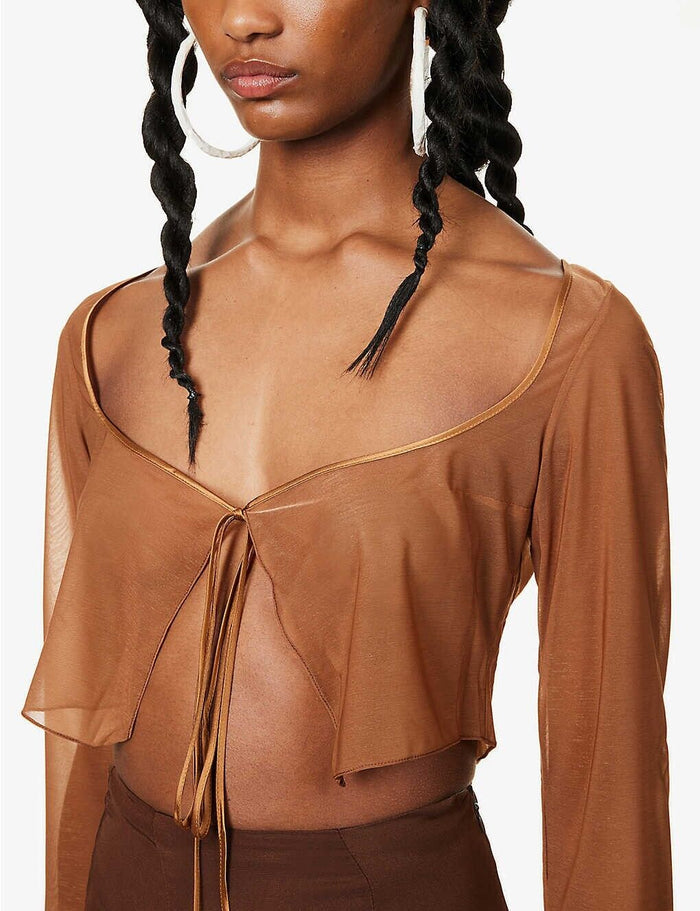 MIRROR PALAIS Caramel Brown Sheer Silk Tie Corset Cover Top - House Of Huntington