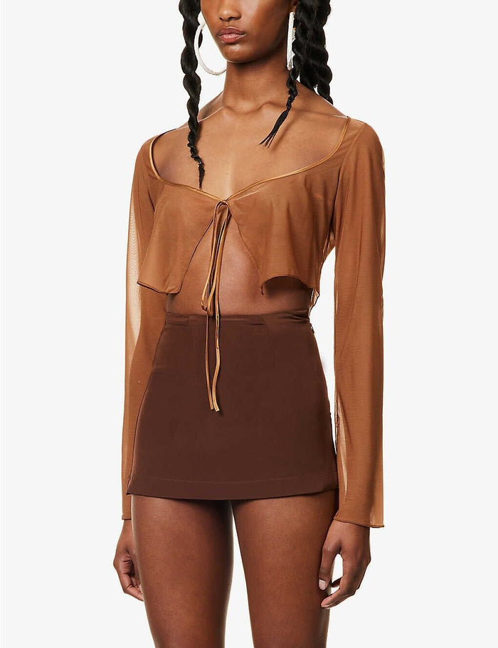 MIRROR PALAIS Caramel Brown Sheer Silk Tie Corset Cover Top - House Of Huntington