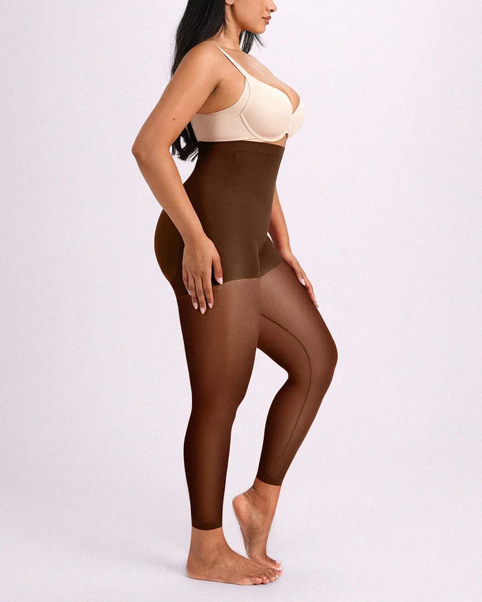 Side profile highlighting versatile brown shaping tights with a waist-snatching silhouette and smooth thigh-to-hip contours