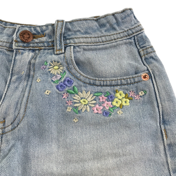M&S 8-9 years blue floral embroidery demin ripped hem cotton shorts